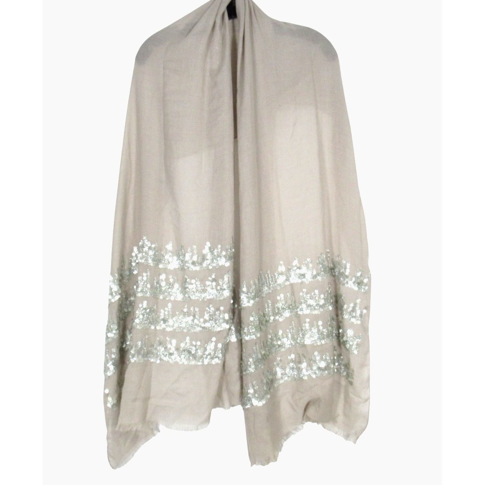 NWT LANDRY Thin WOVEN Taupe SHINY SLIVER SEQUINS Frayed Trim DRESSY WRAP SCARF